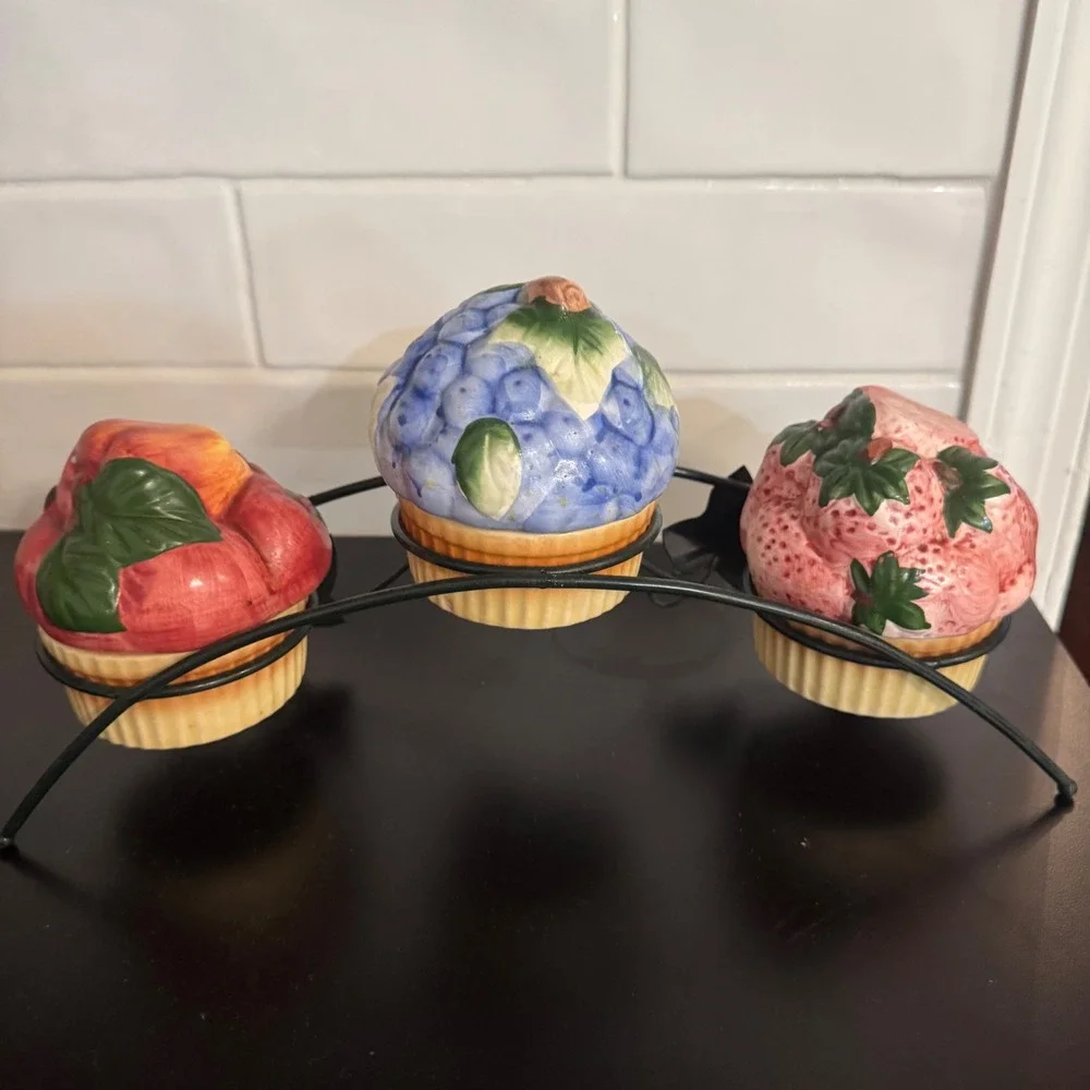 Ceramic Fruit Canister Set Metal Rack Cottagecore Strawberry blueberry apples